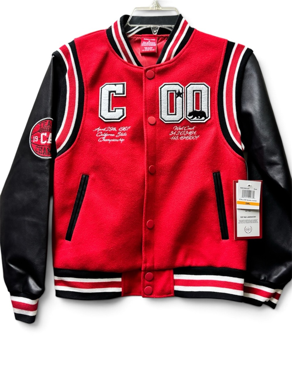 Ring of Fire Red and Black Kids Letterman Jacket with White Trim